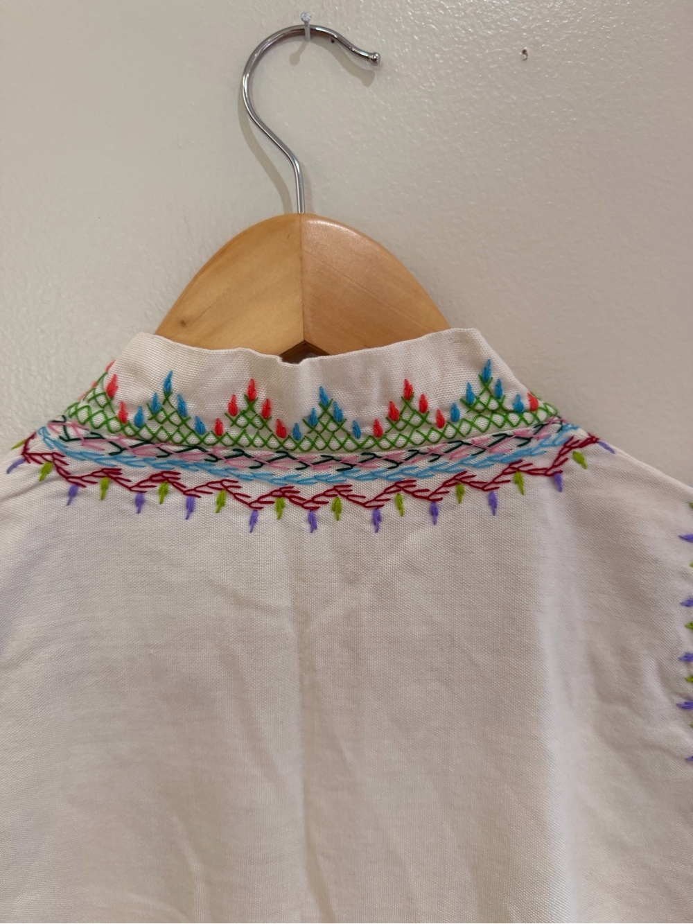 Hand-Embroidered White Boho Fringe Tunic Dress with Colorful Stitching small - Picture 7 of 15